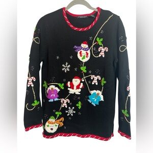 Reference Point Ugly Christmas Womens Small Black Snowmen Santa 3D Embroidered